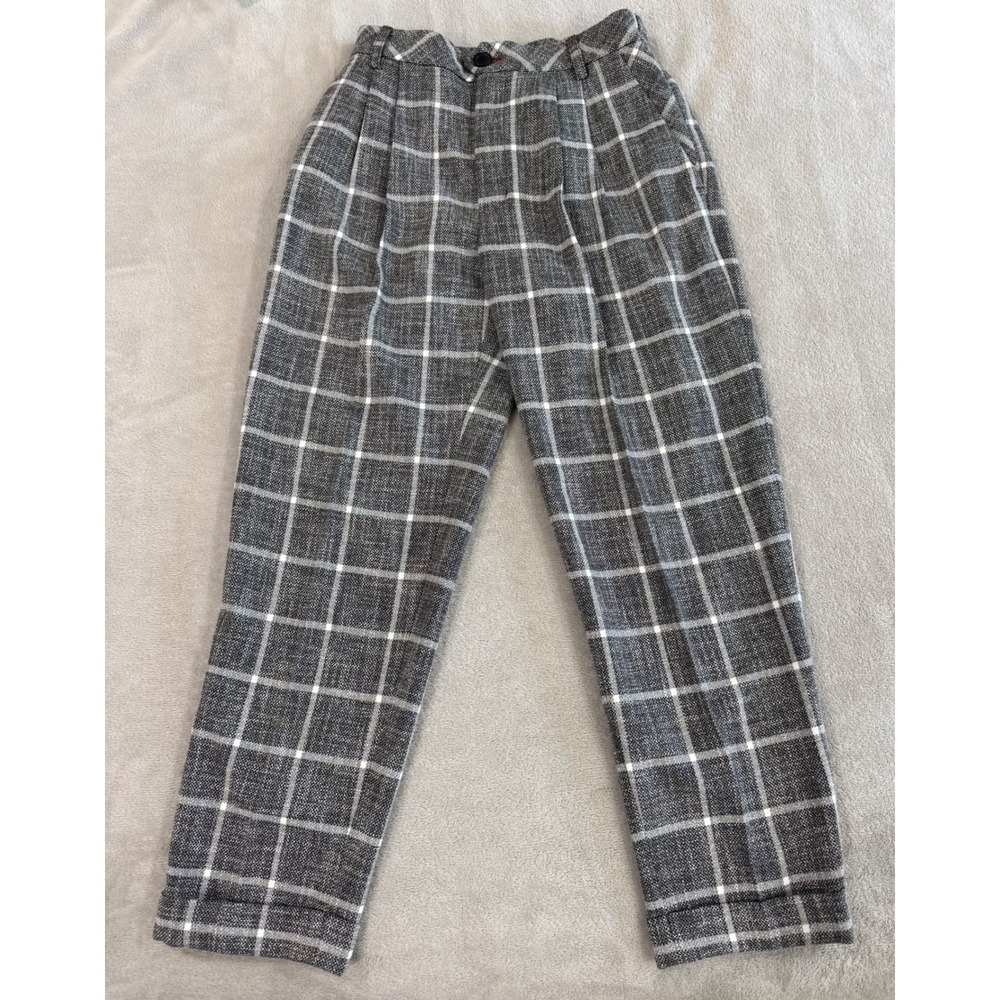 High Rise Pleated Plaid Trousers Gray Cuffed Crop Pants Workwear Business Casual